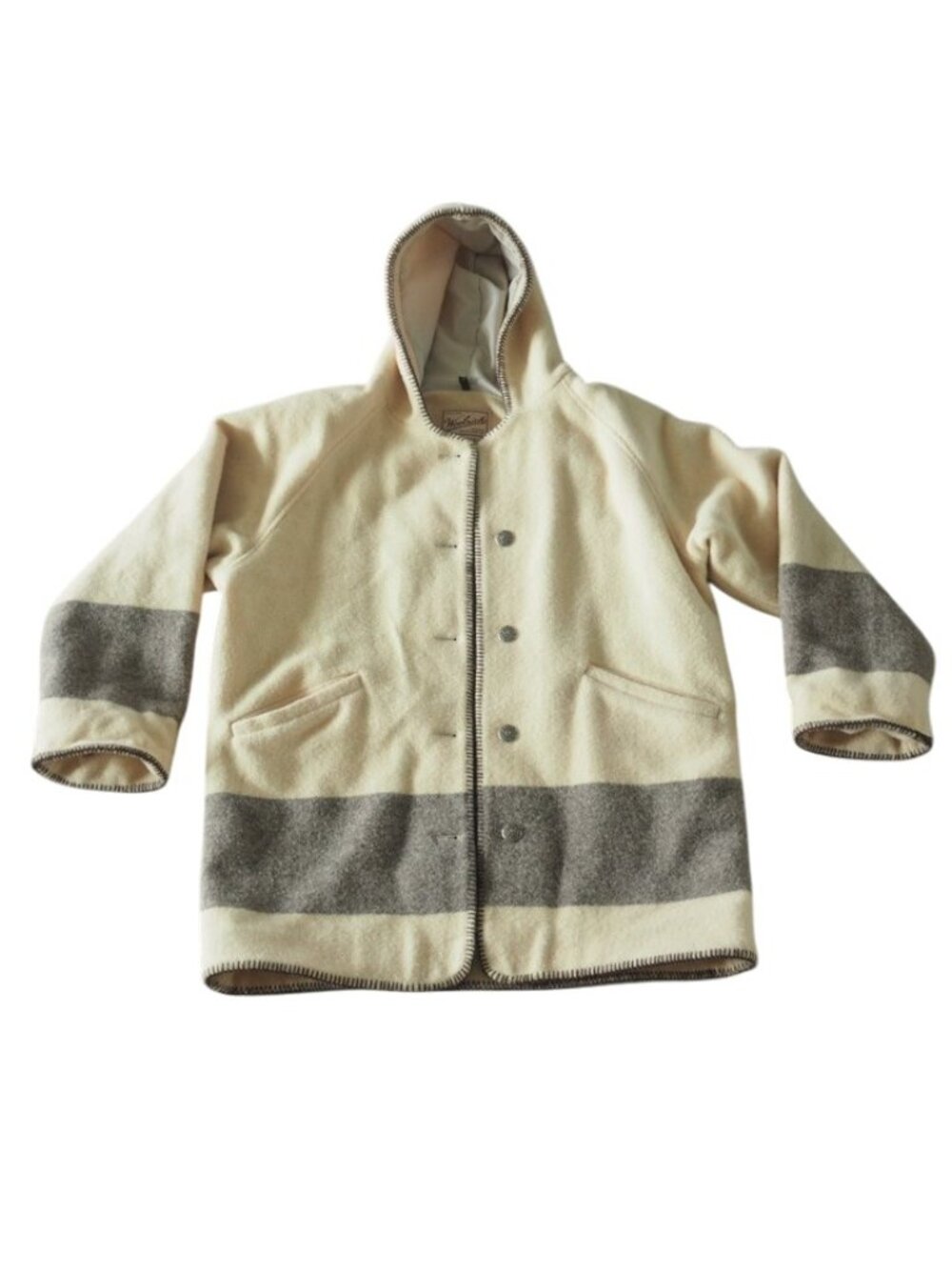 Woolrich Vintage Hooded Blanket Coat L Cream Gray Stripe Women's Large Cabincore